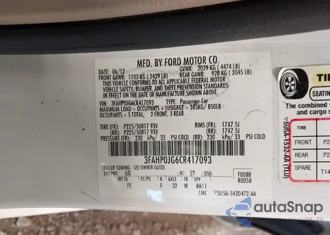 2012 Ford Fusion Sel z USA, uszkodzony, nr VIN 3FAHP0JG6CR417093